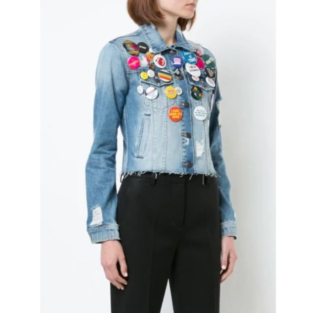 Veronica Beard Light Blue Denim Jean Jacket with Colorful Pin Badges